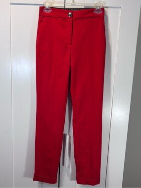 Zara Cotton Blend Red Slim Tailored Trousers Pants Cuffed Stretch Women’s Size S
